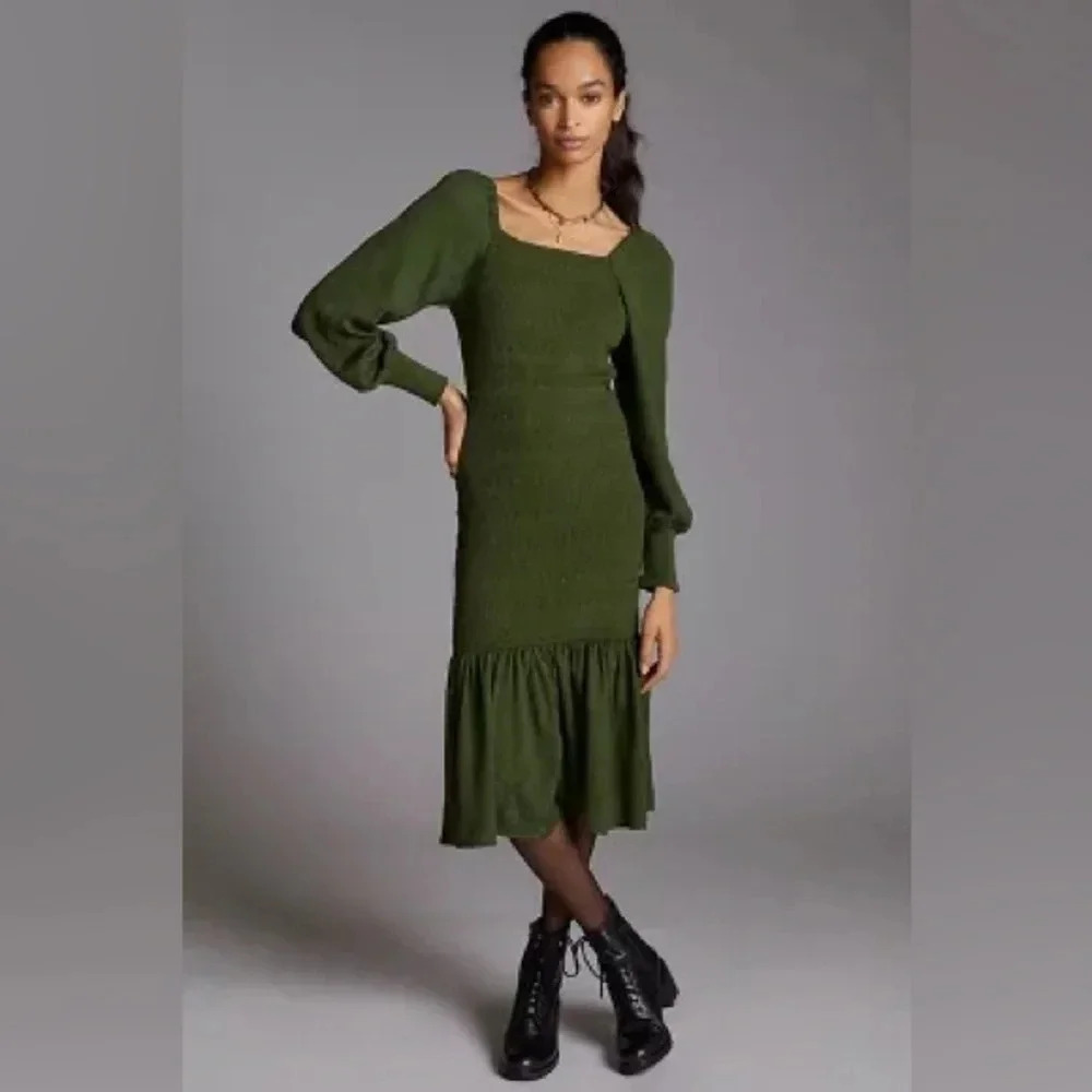 Anthropologie Moss Green Smocked Puff-Sleeved Sweater Midi Dress Size Large L